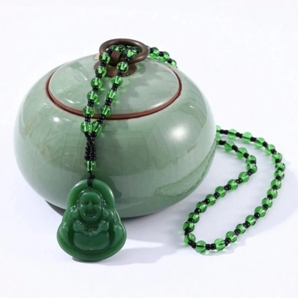 JADE Green Hand Carved Maitreya Buddah Pendant Necklace